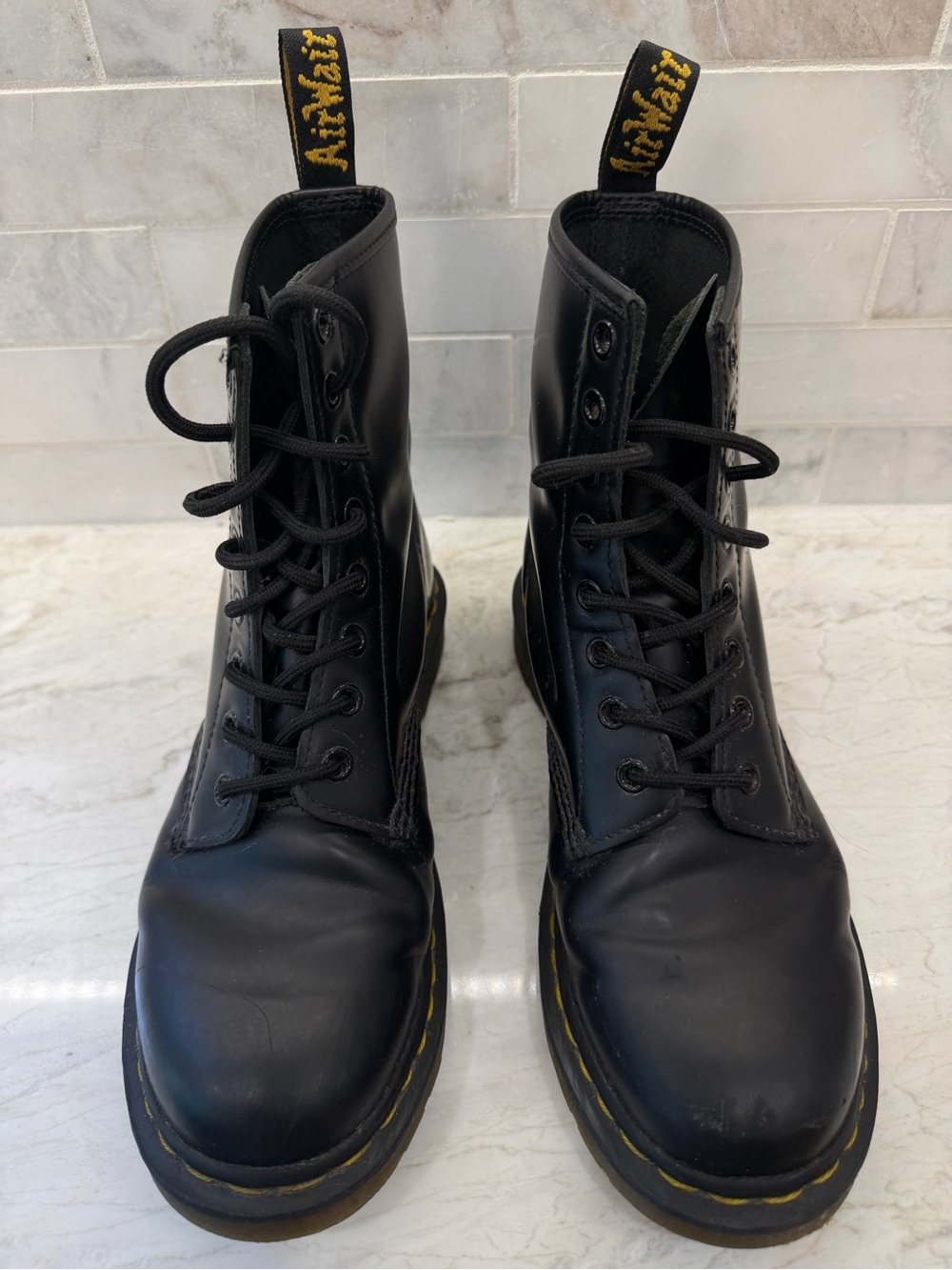 Dr. Martens Black Lace-Up Leather Combat Boots with Yellow Stitching - Picture 6 of 16